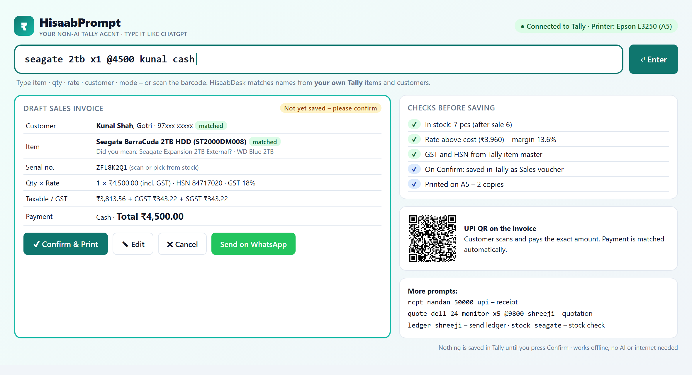 HisaabPrompt screen with a draft sales invoice, stock and margin checks, and Confirm & Print button